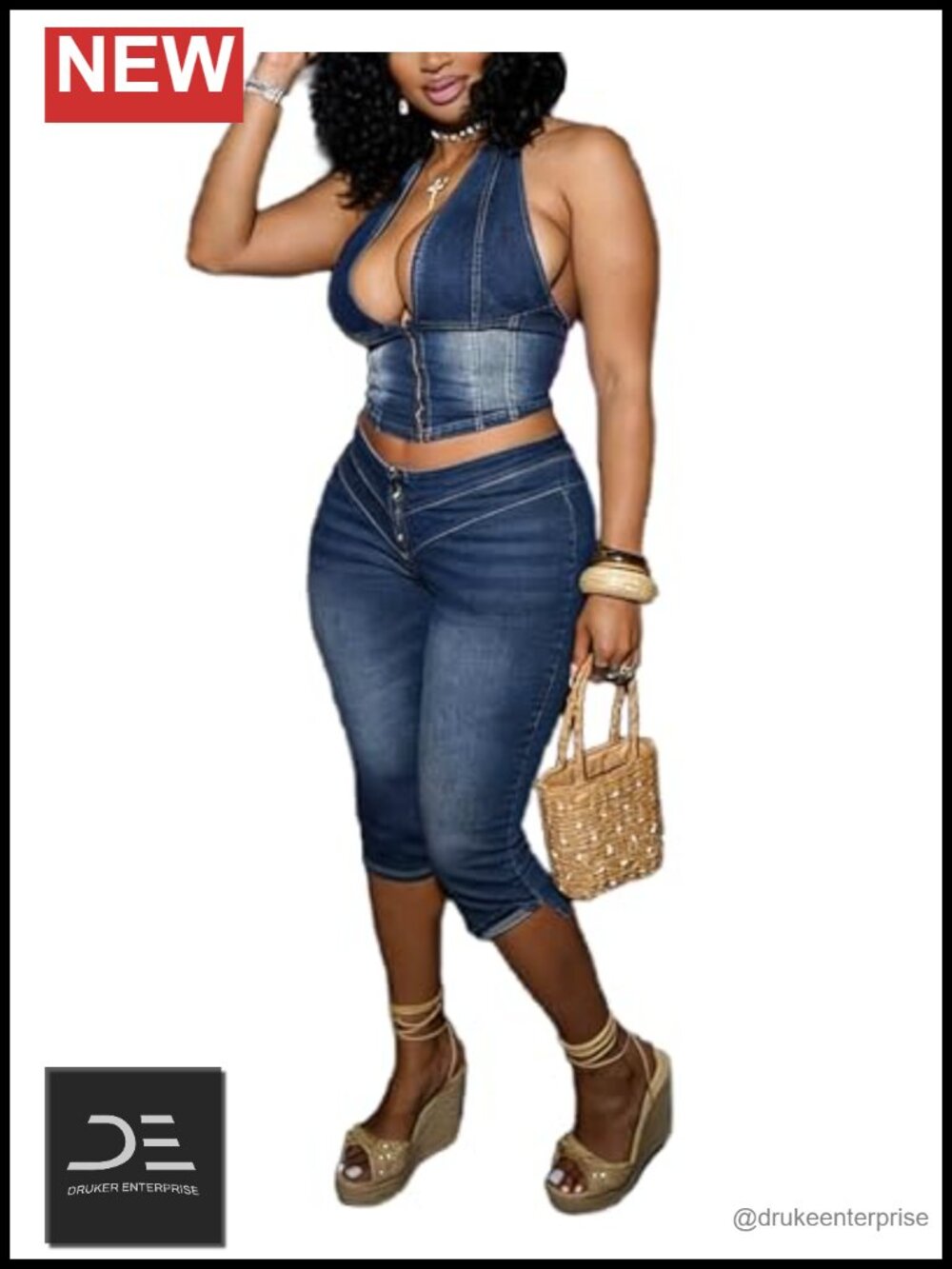 Denim 2 Piece Outfit Set Sleeveless Crop Top Wide Leg Pants Y2K Streetwear